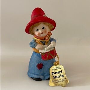 Vintage 1978 Jasco Merri Bells Cow Girl w/ Drum, Bisque Porcelain Figurine